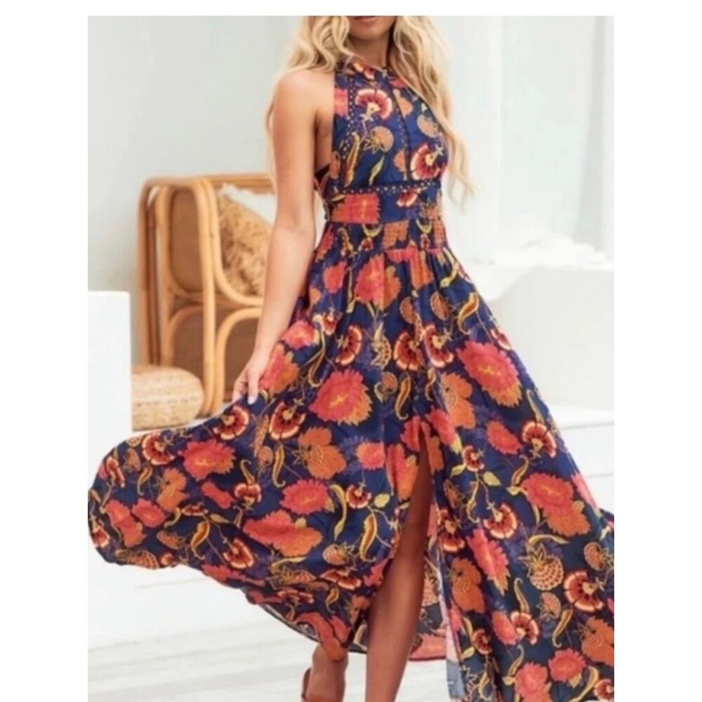 Jaase Floral Halter Maxi Dress Open Back Boho Festival Cottagecore Size S